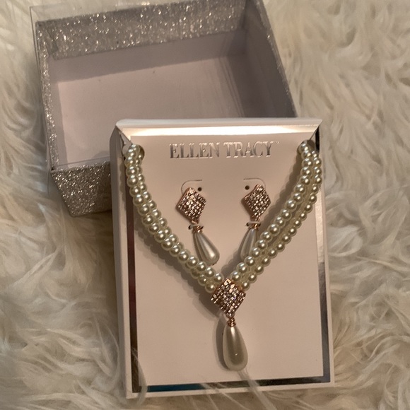 pearl & pavé rhinestone necklace & earring set by Ellen Tracy NEW!! rose gold - Picture 9 of 9